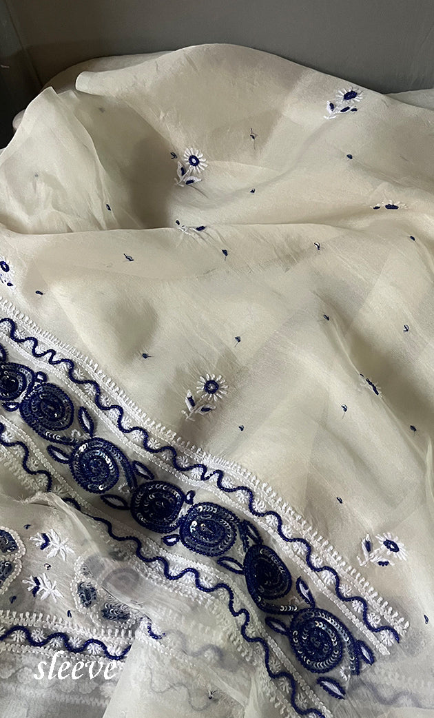 Women's Lakhnavi Handcrafted Pure Organza Chikankari Unstitched Kurta And Dupatta Set- HONC0310886