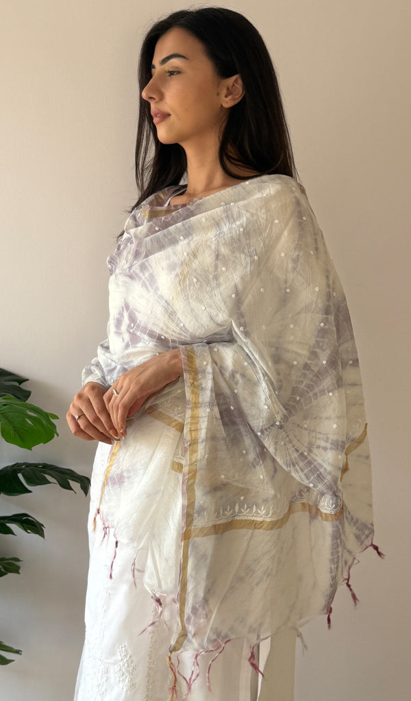 Women's Lakhnavi Handcrafted Mul Chanderi Chikankari Dupatta - HONC0320018