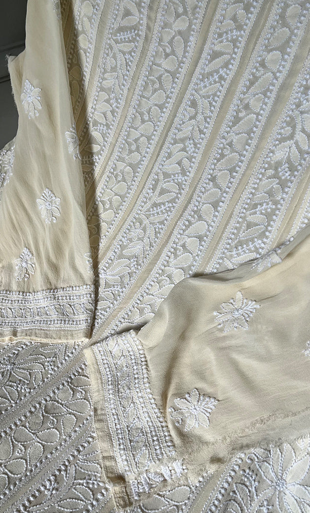 Women's Lakhnavi Handcrafted Pure Silk Georgette Chikankari Anarkali and Dupatta set - HONC02773309