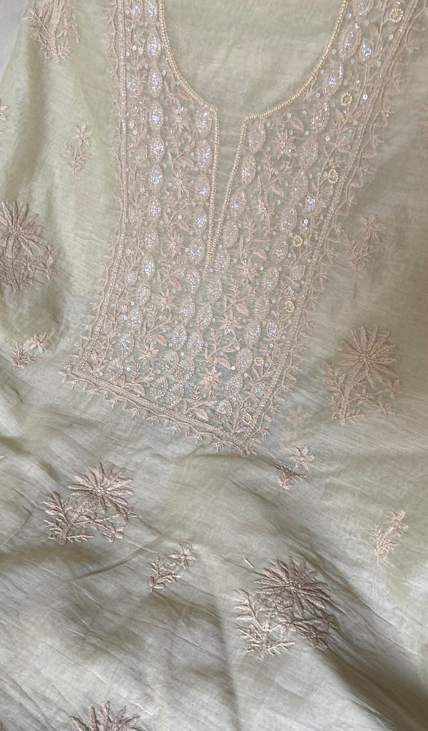 Women's Lakhnavi Handcrafted Mul Chanderi Unstitched Chikankari Full Suit Material - HONC0345323