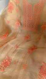 Load image into Gallery viewer, Women's Lakhnavi Handcrafted Pure Organza Chikankari Unstitched Kurta And Dupatta Set- HONC0365702