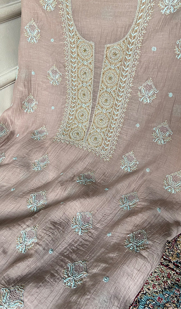 Women's Lakhnavi Handcrafted Mul Chanderi Unstitched Kurta And Dupatta Set - HONC0326140