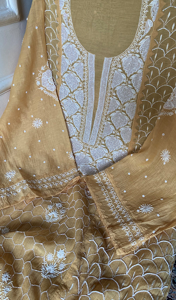 Women's Lakhnavi Handcrafted Mul Chanderi Unstitched Kurta And Dupatta Set