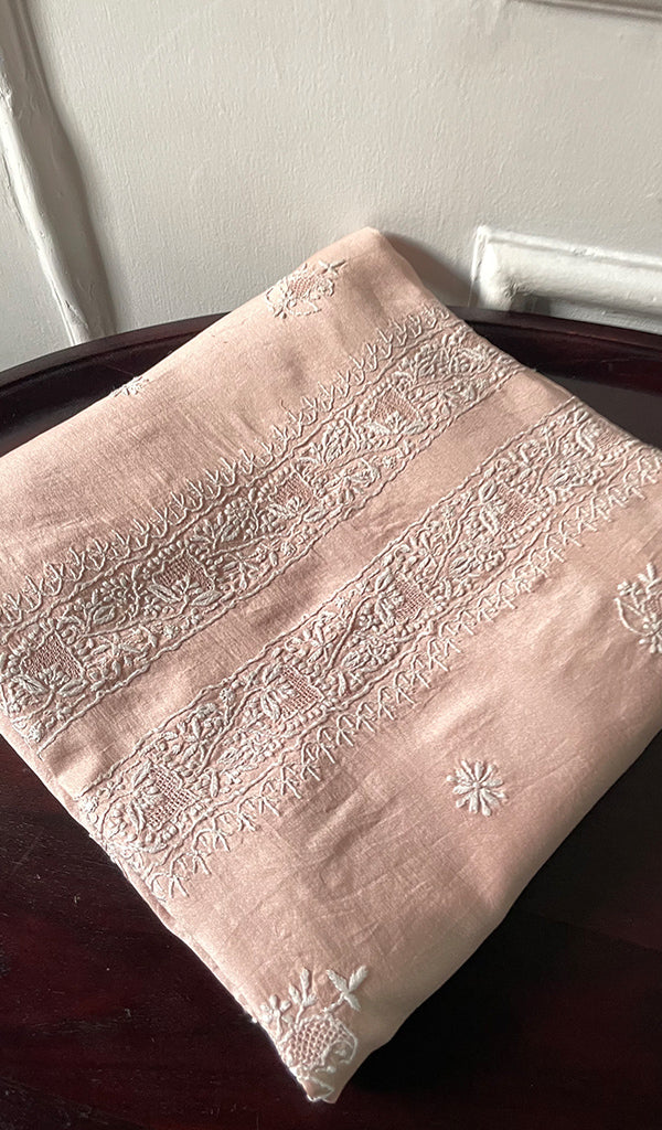 Women's Lucknowi Handcrafted Chanderi Silk Unstitched Chikankari Kurta and Dupatta Set- HONC0288649