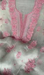 Load image into Gallery viewer, Rose Women's Lakhnavi Handcrafted Pure Organza Chikankari Unstitched Kurta And Dupatta Set- HONC0368733