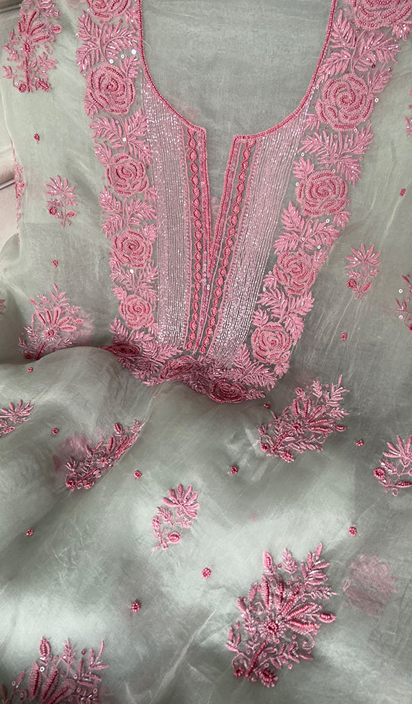 Rose Women's Lakhnavi Handcrafted Pure Organza Chikankari Unstitched Kurta And Dupatta Set- HONC0368733