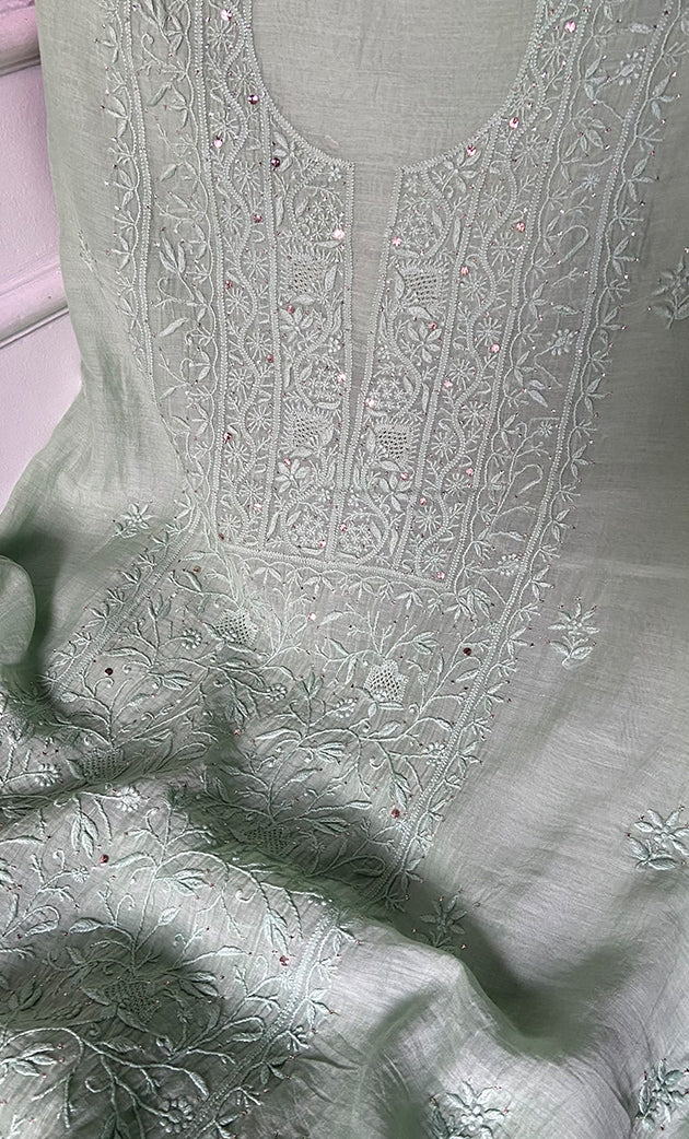 Women's Lakhnavi Handcrafted Mul Chanderi Unstitched Kurta And Dupatta Set - HONC0324501