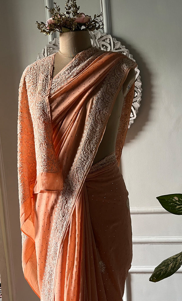 Women's Lakhnavi Handcrafted Pure Silk Georgette Chikankari Saree - HONC0313294