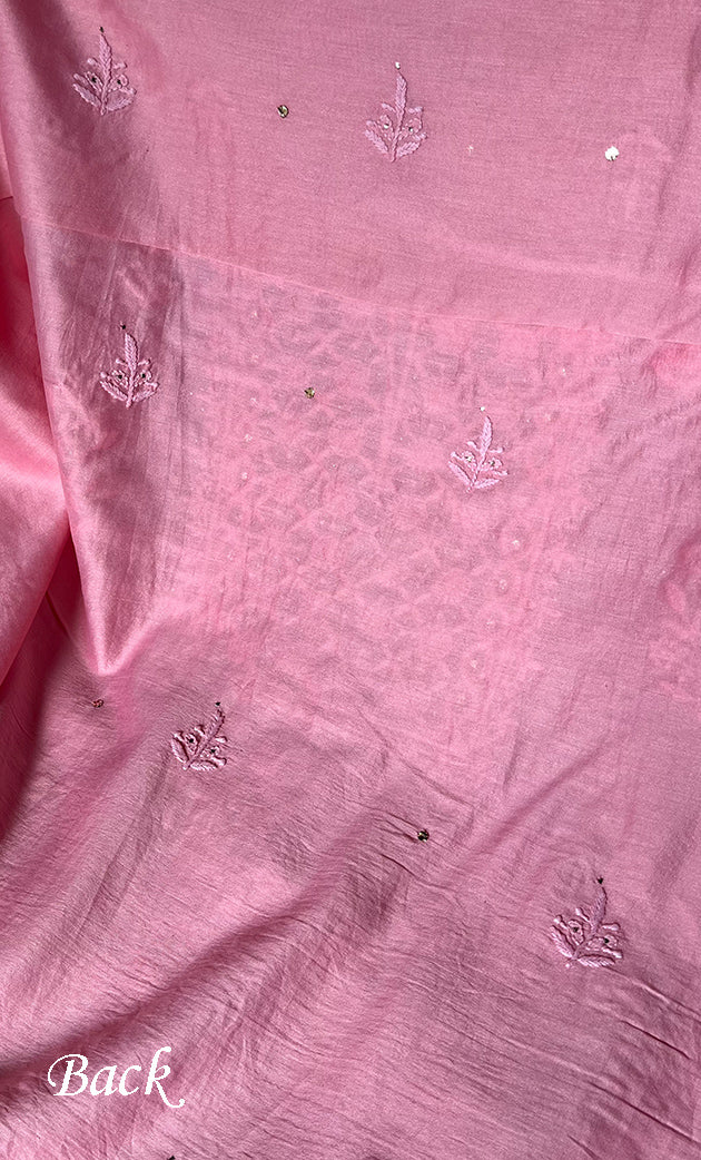 Women's Lucknowi Handcrafted Chanderi Silk Unstitched Chikankari Full Suit Material - HONC0287070
