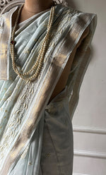 将图像加载到图库查看器中， Women&#39;s Lakhnavi Handcrafted Chanderi Silk  Chikankari Saree - HONC0312050
