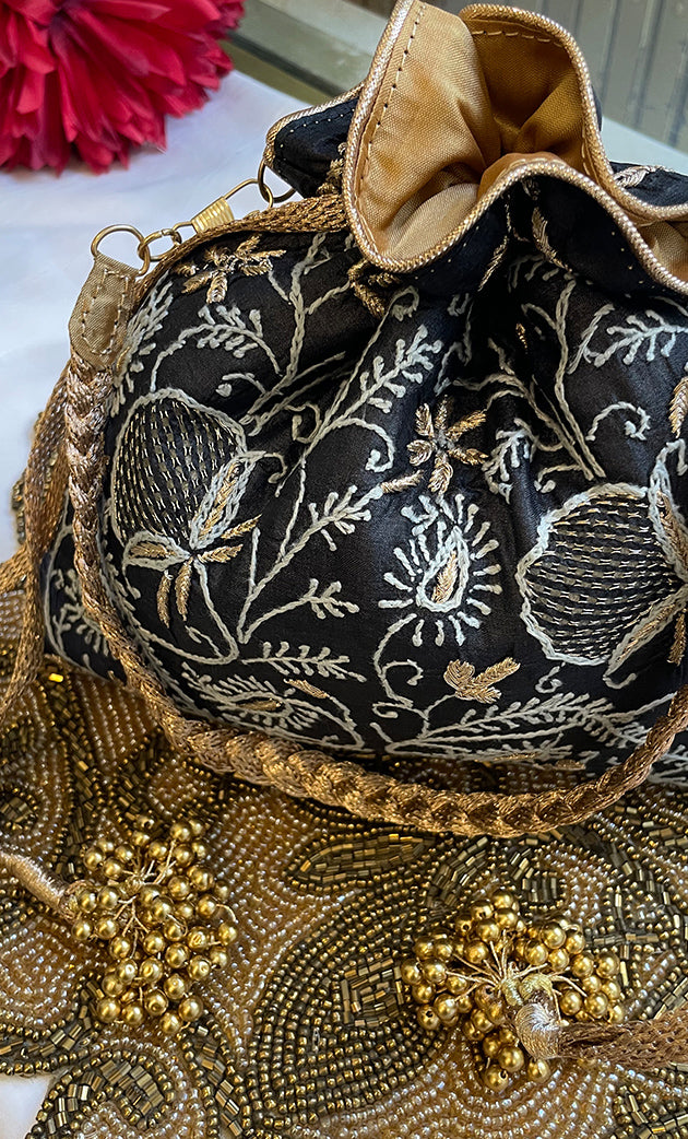Black Chikankari Embroidered Potli Bag with Golden Bead Tassels - HONC0317191