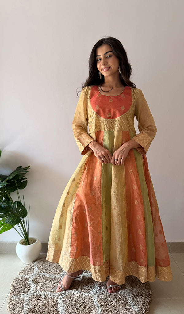 Women's Lakhnavi Handcrafted Tissue Chanderi Silk  Chikankari Stitched Anarkali , Dupatta And Pant Set - HONC0336837