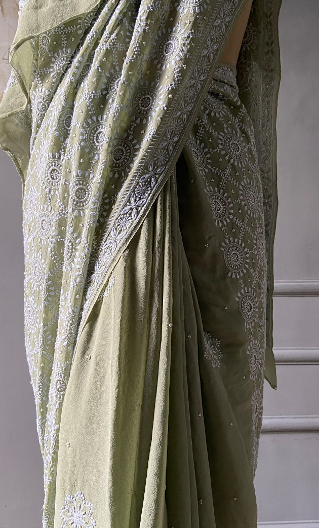 Women's Lakhnavi Handcrafted Pure Silk Georgette Chikankari - HONC0284206