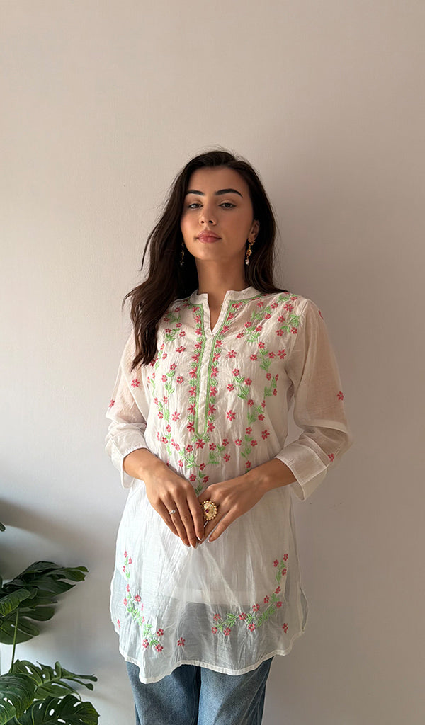 Sophia Women's Lakhnavi Handcrafted Mul Chanderi Chikankari Top - HONC0372855