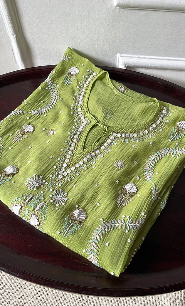 Rabia Women's Lucknowi Handcrafted Mul chanderi Chikankari Kaftan - HONC0311996