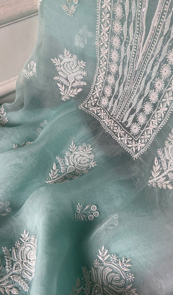 Women's Lakhnavi Handcrafted Pure Organza Chikankari Unstitched Full Suit Material - HONC0351123