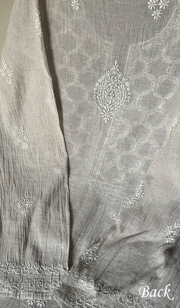 Women's Lucknowi Handcrafted Tissue Chanderi Chikankari Semi-Stitched Kurta and Dupatta Set- HONC0257414