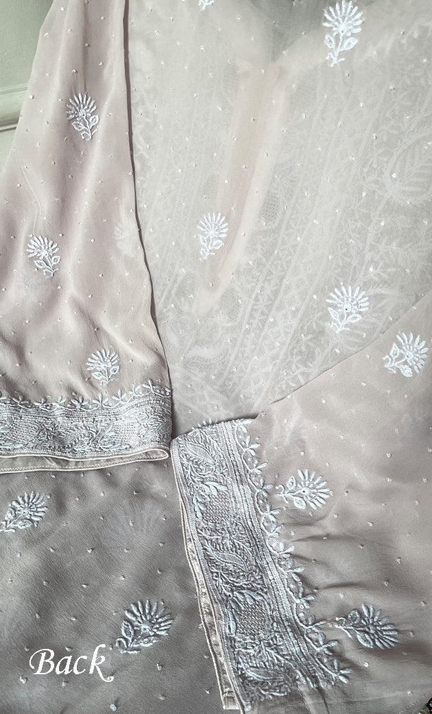 Women's Lakhnavi Handcrafted Pure Silk Georgette Semi - Stitched Chikankari Kurta And Dupatta Set - HONC0323529