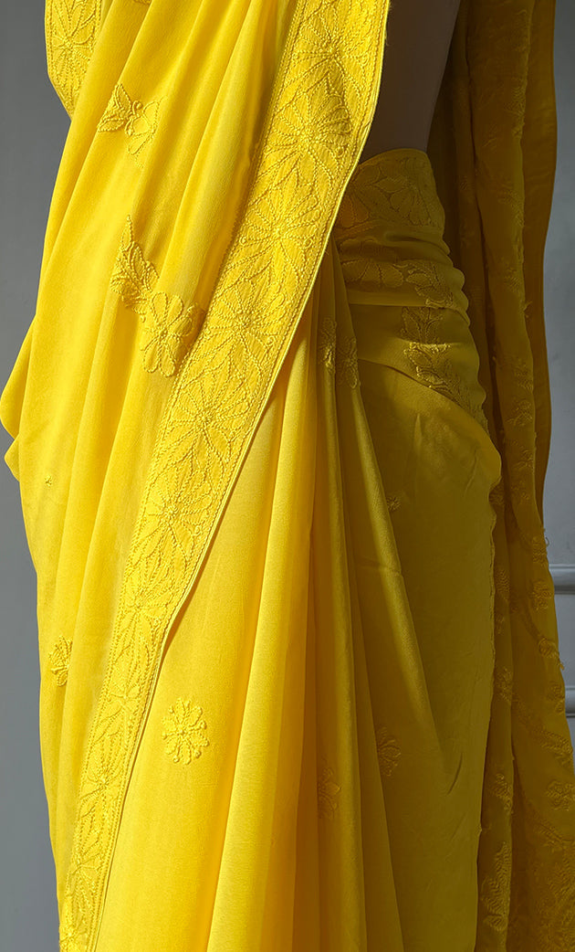 Women's Lakhnavi Handcrafted Viscose Georgette Chikankari Saree - HONC0301795