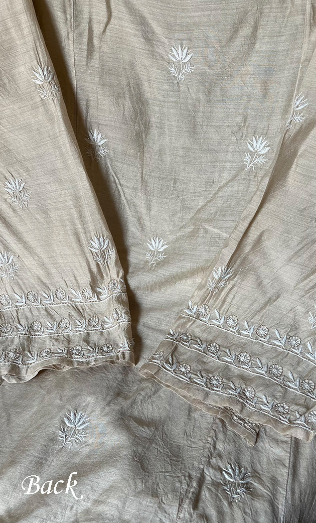 Women's Lakhnavi Handcrafted Munga Silk Semi - Stitched Chikankari Anarkali And Dupatta Set- HONC0262518