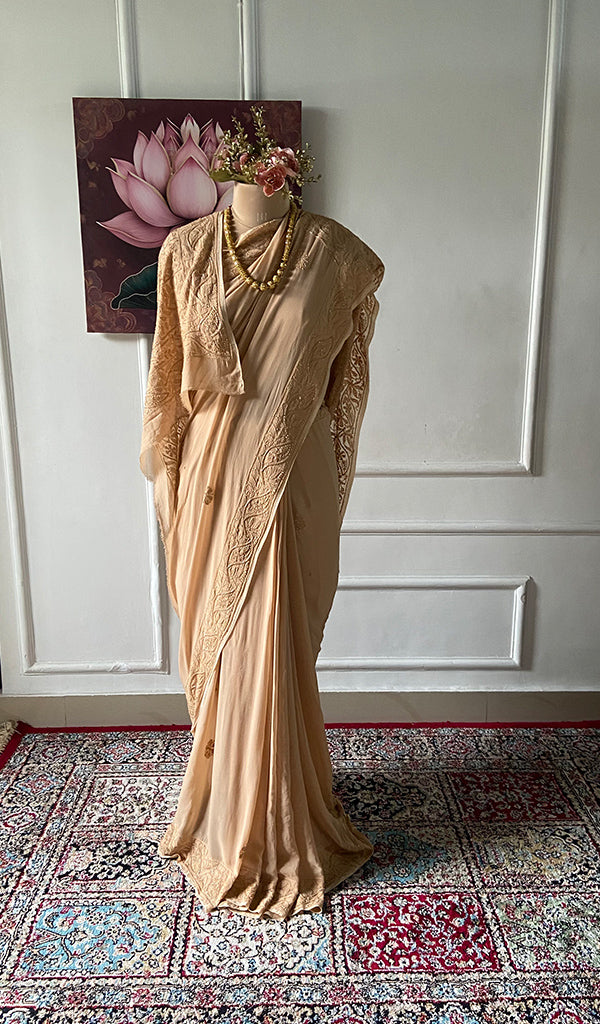 Women's Lakhnavi Handcrafted Viscose Georgette Chikankari Saree - HONC0337522