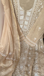 Beige Pure Mul Chanderi Chikankari 3 Pc Semi-Stitched Anarkali Suit Set
