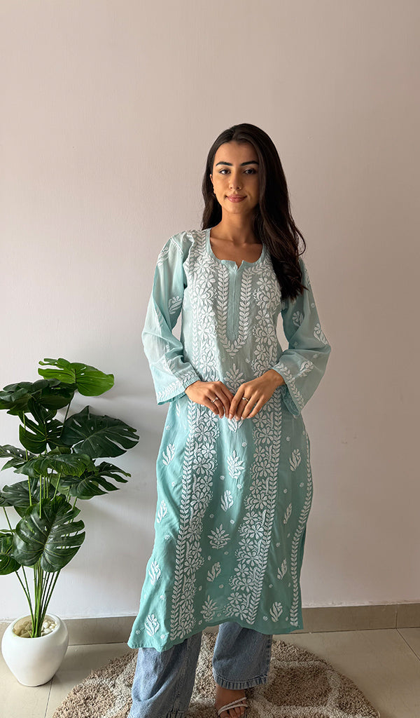 Women's Lakhnavi Handcrafted Muslin Chikankari Kurti - HONC0358930