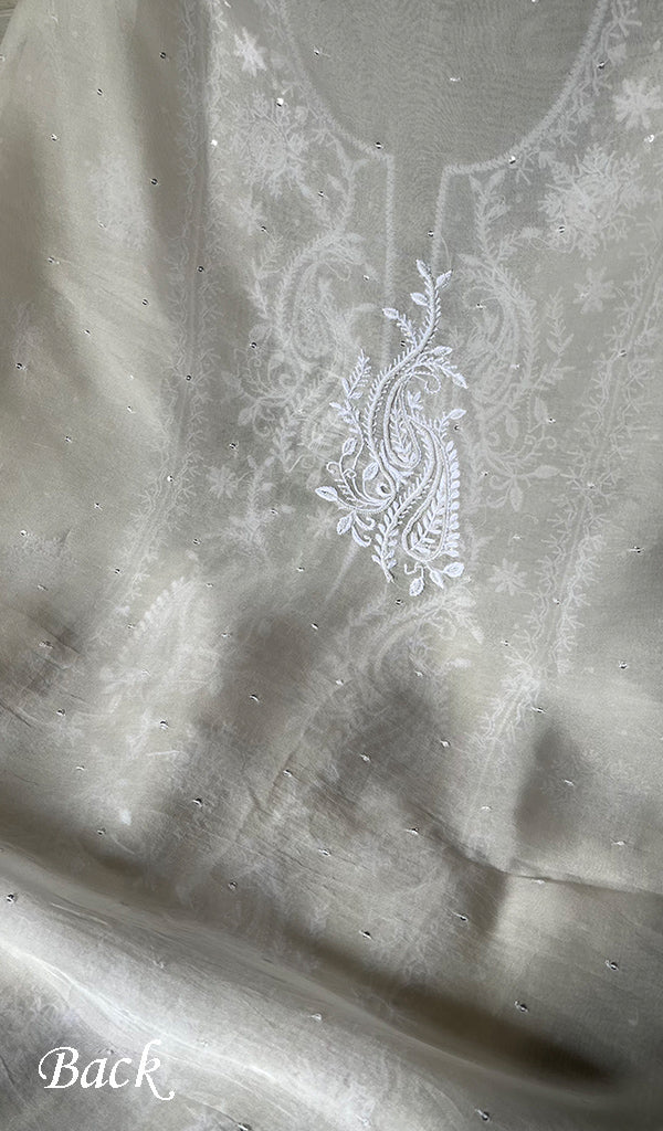Women's Lakhnavi Handcrafted Pure Organza Chikankari Unstitched Kurta And Dupatta Set- HONC0300417