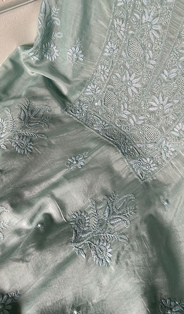 Women's Lakhnavi Handcrafted Muslin Unstitched Chikankari Full Suit - HONC0344386
