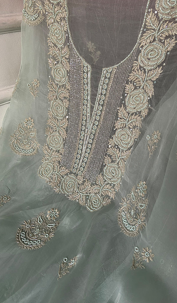 Women's Lakhnavi Handcrafted Pure Organza Chikankari Unstitched Kurta And Dupatta Set- HONC0329220