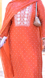 Load image into Gallery viewer, Jazba Women's Lakhnavi Handcrafted Mul Chanderi Chikankari Stitched Kurta, Dupatta And Pant Set - HONC04964656