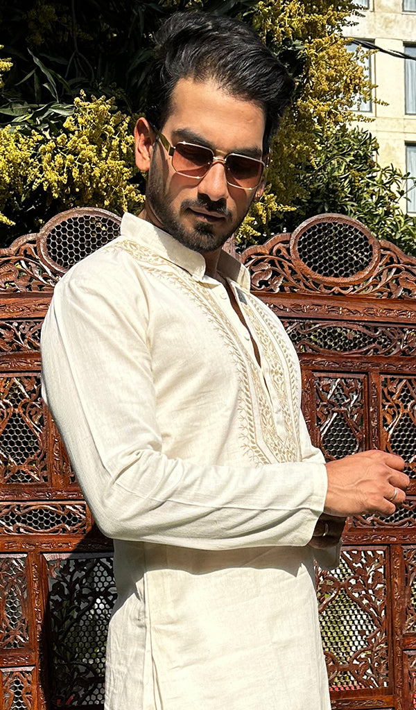 Men's Lucknowi Handcrafted Cotton Chikankari Kurta - HONC0342330