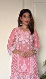 Women's Lucknowi Handcrafted Mul Chanderi Stitched Chikankari Short Kurta And Plazzo Set .