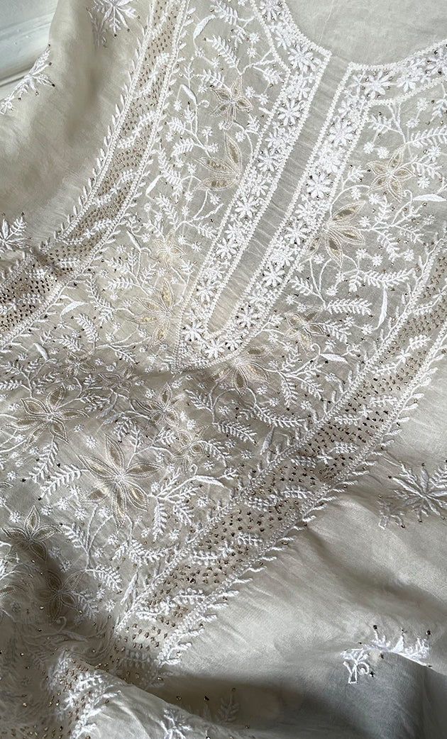 Women's Lakhnavi Handcrafted Pure Organza Chikankari Unstitched Kurta And Dupatta Set- HONC0320492