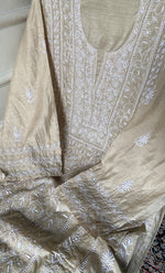 Load image into Gallery viewer, Women's Lakhnavi Handcrafted Munga Silk Semi - Stitched Chikankari Kurta And Dupatta Set- HONC0246919
