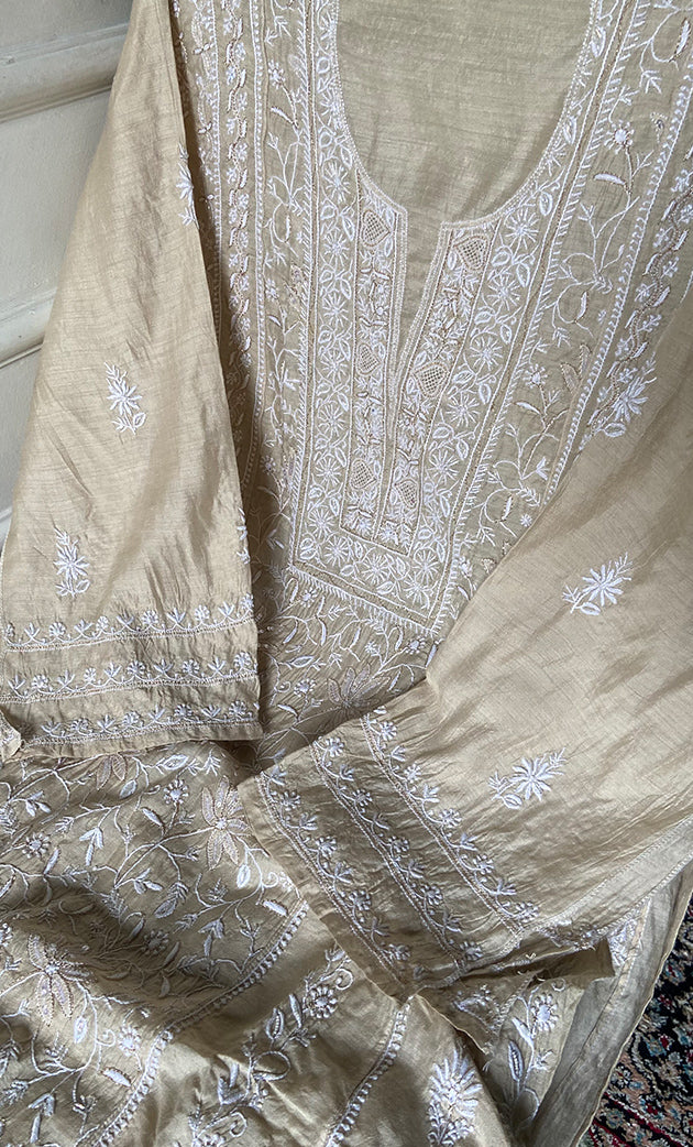 Women's Lakhnavi Handcrafted Munga Silk Semi - Stitched Chikankari Kurta And Dupatta Set- HONC0246919