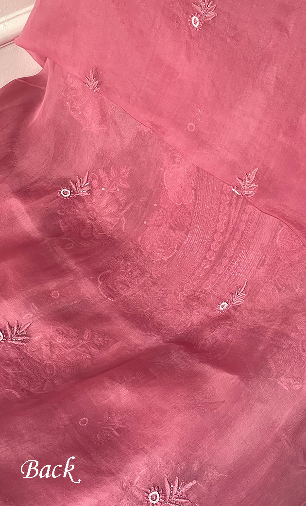 Women's Lakhnavi Handcrafted Pure Organza Chikankari Unstitched Kurta And Dupatta Set- HONC0314168