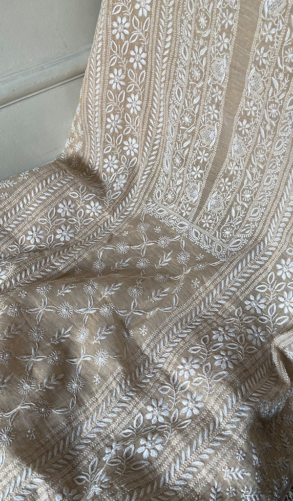 Women's Lakhnavi Handcrafted Tissue Chanderi Unstitched Chikankari Kurta And Dupatta Set - HONC0352502