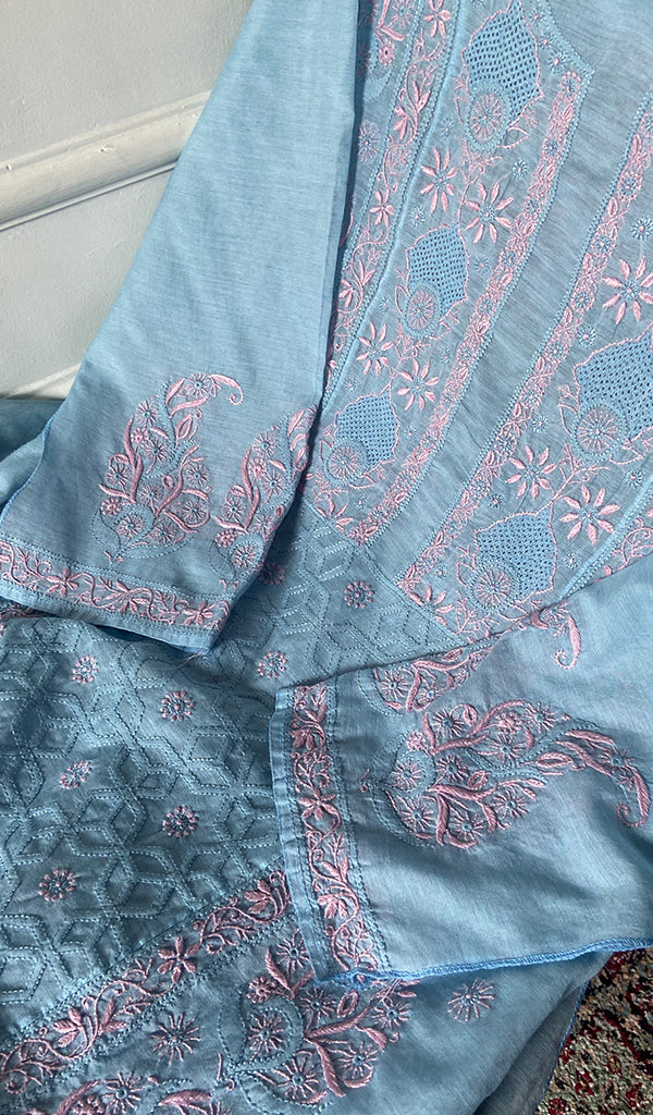 Women's Lucknowi Handcrafted Semi -Stitched Chanderi Silk Chikankari Full Suit Material - HONC0269962