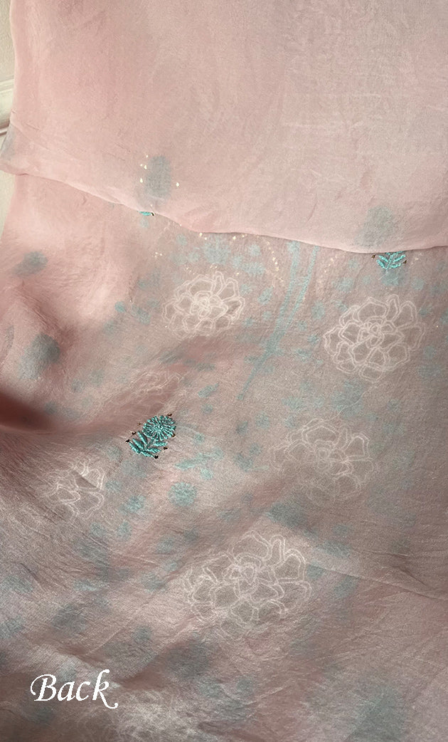 Mainaaj Women's Lakhnavi Handcrafted Pure Organza Chikankari Unstitched Kurta And Dupatta Set- HONC0330937