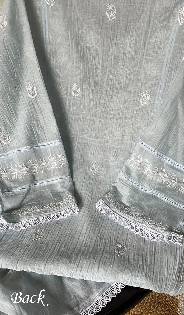 Women's Lakhnavi Handcrafted Mul Chanderi Chikankari Semi Stitched Kurta And Dupatta Set- HONC0299470