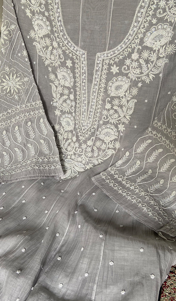 Basma Women's Lucknowi Handcrafted Mul Chanderi Semi - stitched Chikankari Anarkali Full Set - HONC0355629