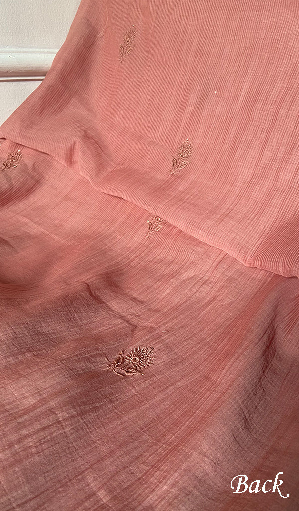 Women's Lakhnavi Handcrafted Maheswari Mul Chanderi Unstitched Chikankari Full Suit Material - HONC0278101