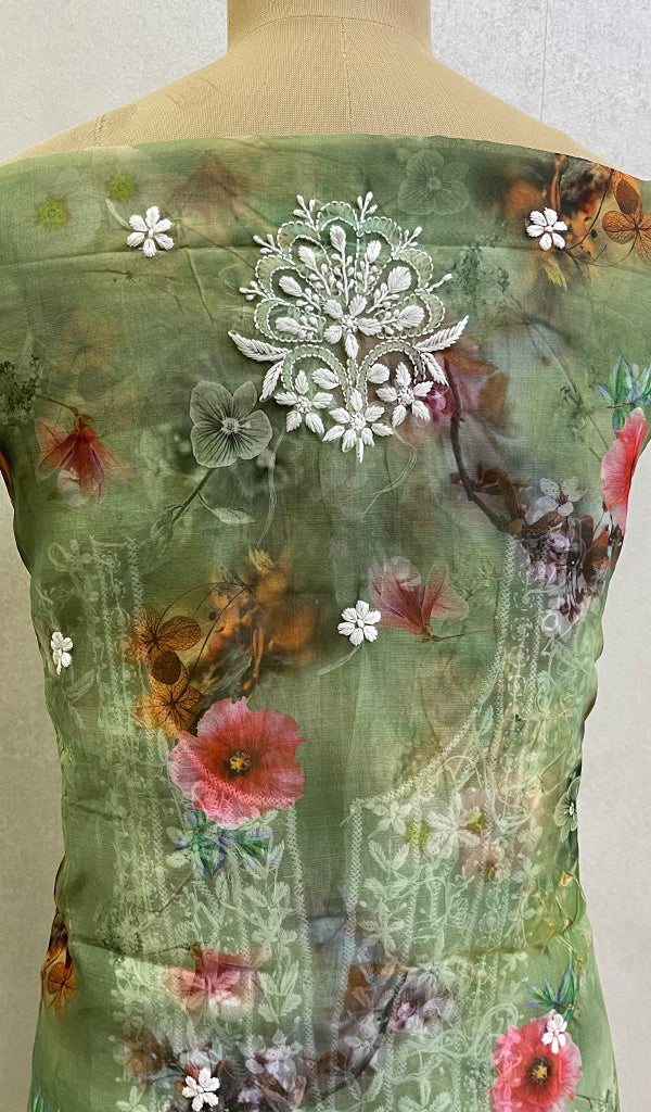 Women's Lakhnavi Handcrafted Organza Chikankari Unstitched Kurta And Dupatta Set - HONC0141608