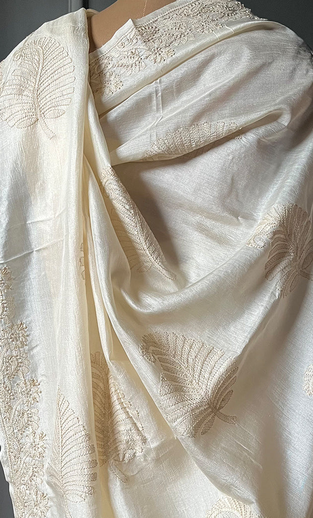 Women's Lakhnavi Handcrafted Tussar Silk Chikankari Saree - HONC0284164