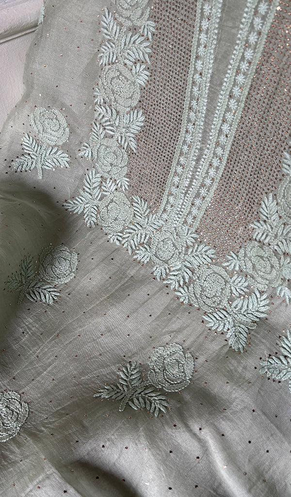 Rose Women's Lakhnavi Handcrafted Pure Organza Chikankari Unstitched Kurta And Dupatta Set- HONC0357555