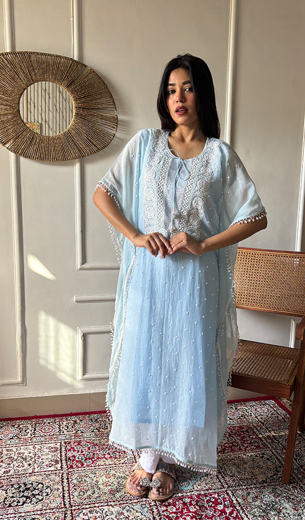 Women's Lucknowi Handcrafted Mul chanderi Chikankari Kaftan - HONC07860458