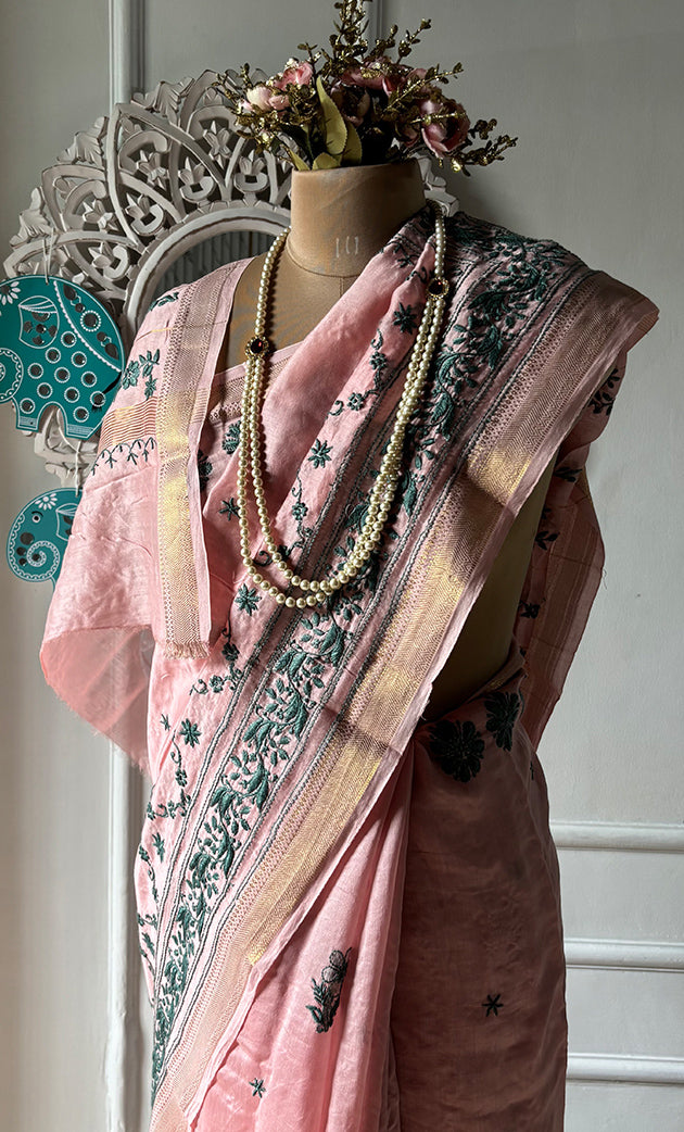 Women's Lakhnavi Handcrafted Chanderi Silk Chikankari Saree - HONC0312052