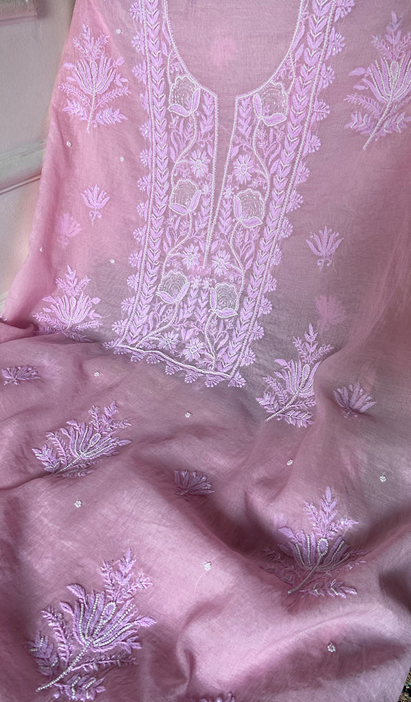 Women's Lakhnavi Handcrafted Chanderi Silk Unstitched Chikankari Full Suit - HONC0344631