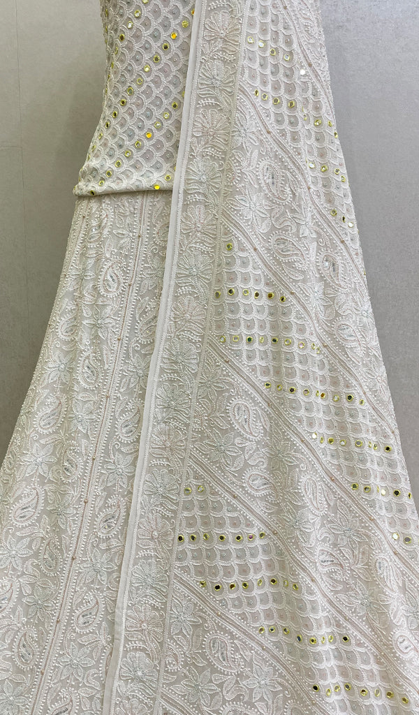 Women's Lakhnavi Handcrafted Bridal Pure Silk Georgette Chikankari Lehenga Set - HONC0102936